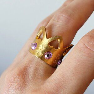 Gold Crown Statement Ring with Purple Crystals